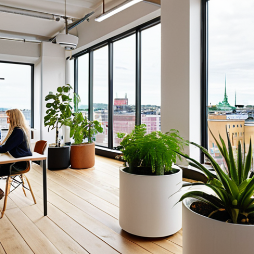 Home 8 **
A bright, modern office space in Stockholm, Sweden, featuring a diverse group of employees collaborating on a project. The atmosphere is relaxed and friendly. There are plants and ergonomic furniture, reflecting a focus on well-being. In the background, large windows offer a view of the city skyline. The overall style is Scandinavian design with a focus on hygge.
**