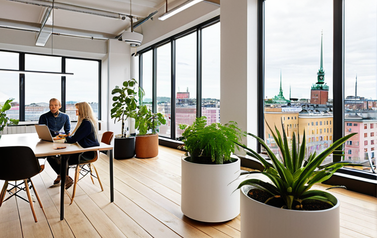 **
A bright, modern office space in Stockholm, Sweden, featuring a diverse group of employees collaborating on a project. The atmosphere is relaxed and friendly. There are plants and ergonomic furniture, reflecting a focus on well-being. In the background, large windows offer a view of the city skyline. The overall style is Scandinavian design with a focus on hygge.
**